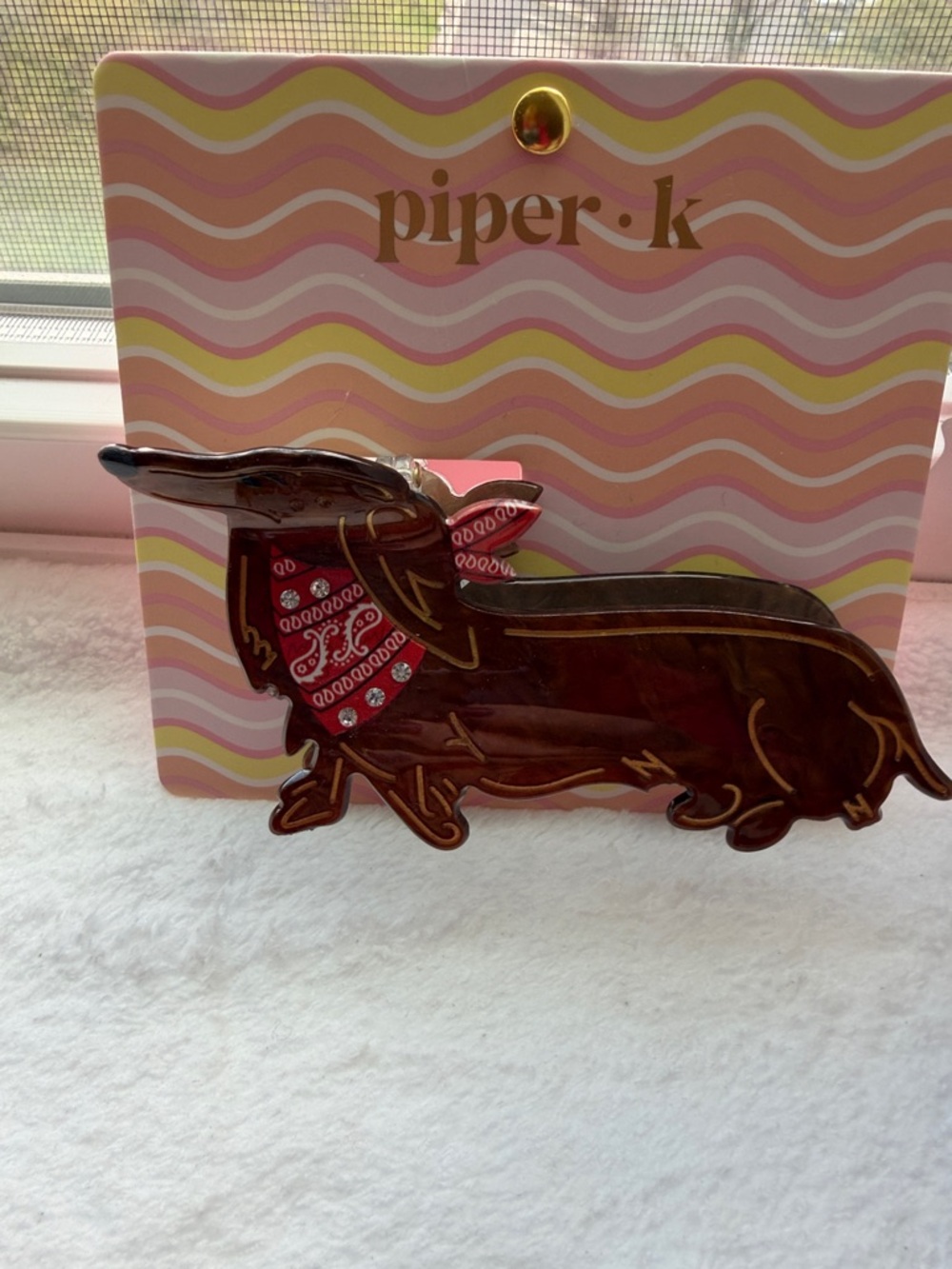Piper Brown Dachshund Enamel Hair Clip with Red Bandana - Picture 6 of 7